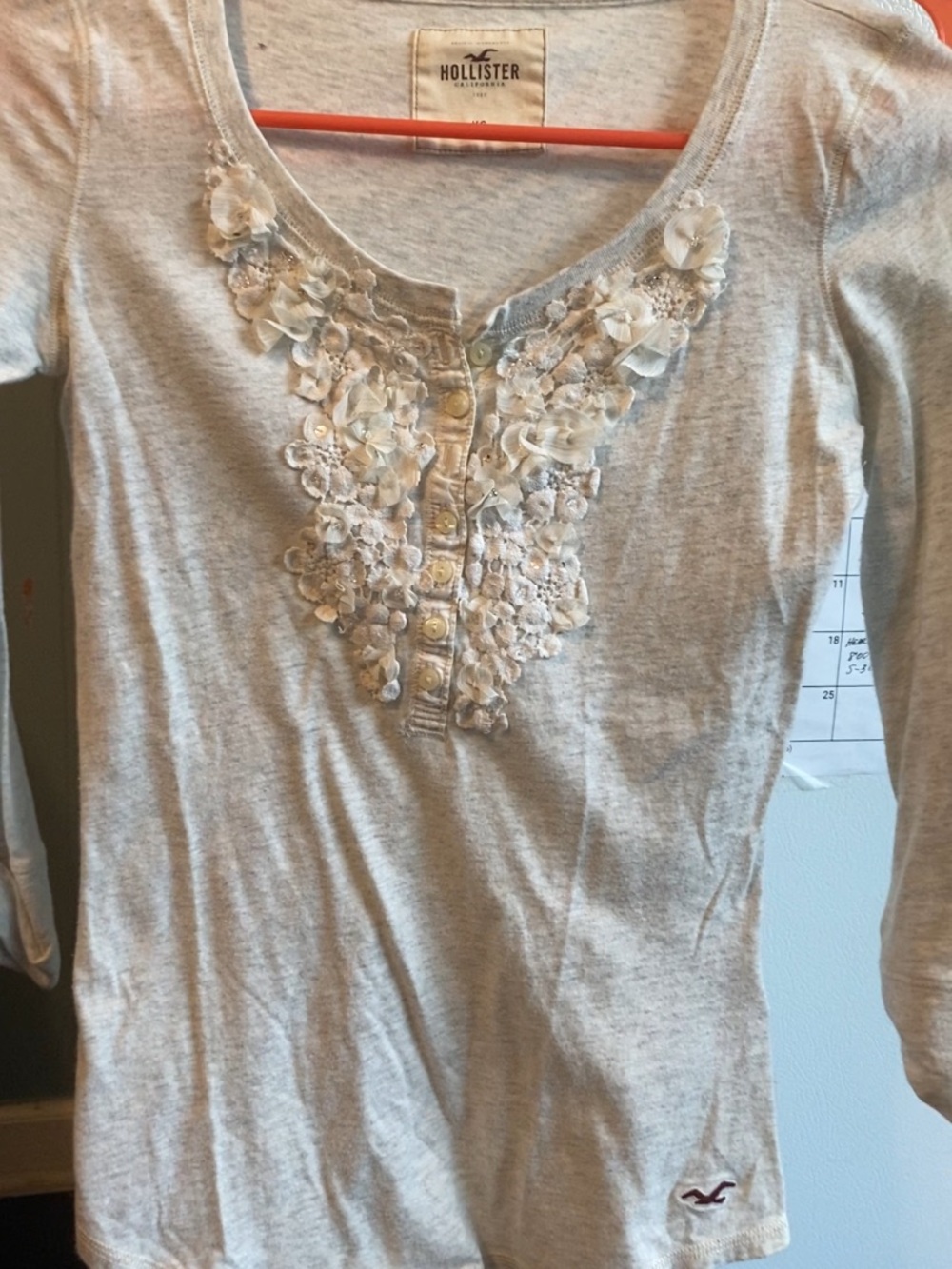 Hollister Light Gray Long-Sleeve Top with Floral Embellished Placket